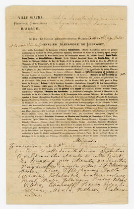 Scritto a stampa, ritratti e manoscritto, a firma di Alexandre de Lubawsky